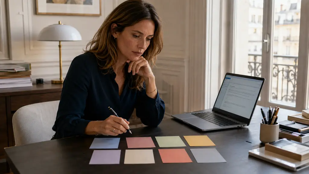 Femme à son bureau comparant huit fiches de temps colorées à côté d'un ordinateur affichant un brouillon d'e-mail