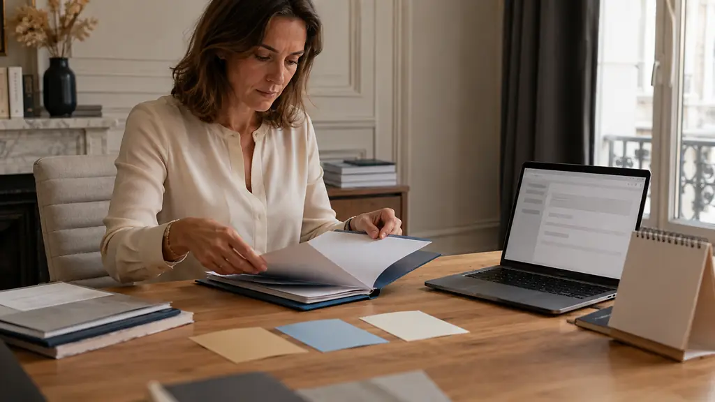 Femme préparant un dossier client près d'un brouillon d'e-mail, trois fiches de rappel colorées et calendrier de bureau