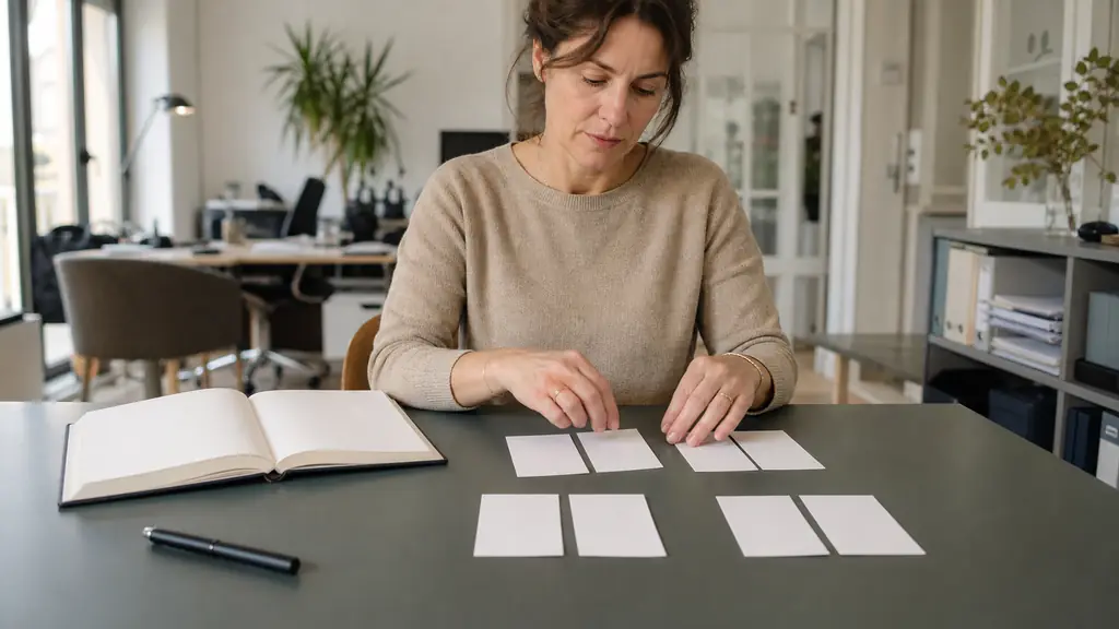 Femme répartissant six fiches vierges en trois groupes, à côté d'un carnet ouvert et d'un stylo capuchonné