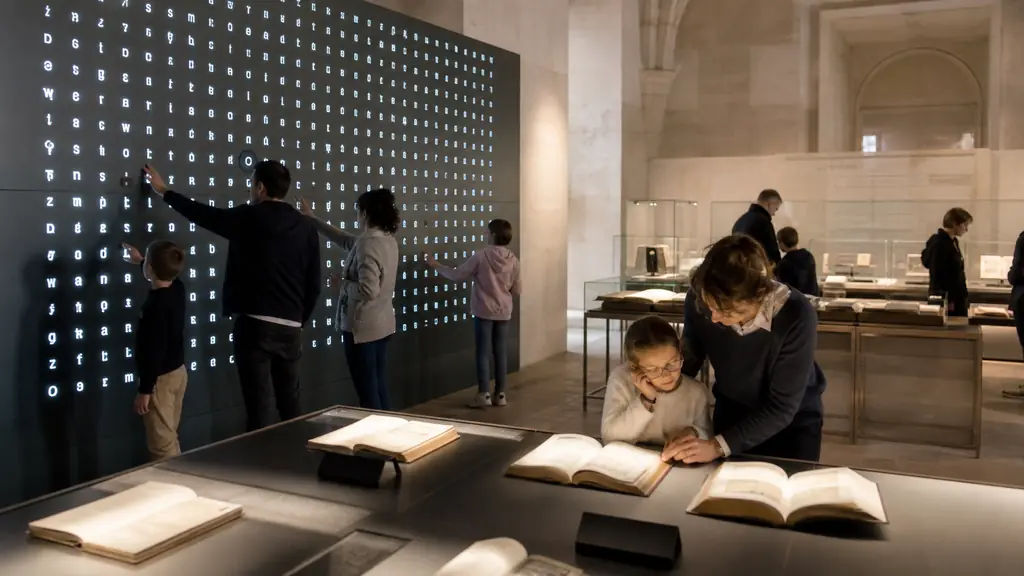Visiteurs dans la bibliothèque magique aux livres lumineux, devant une immense grille de mots mêlés interactive