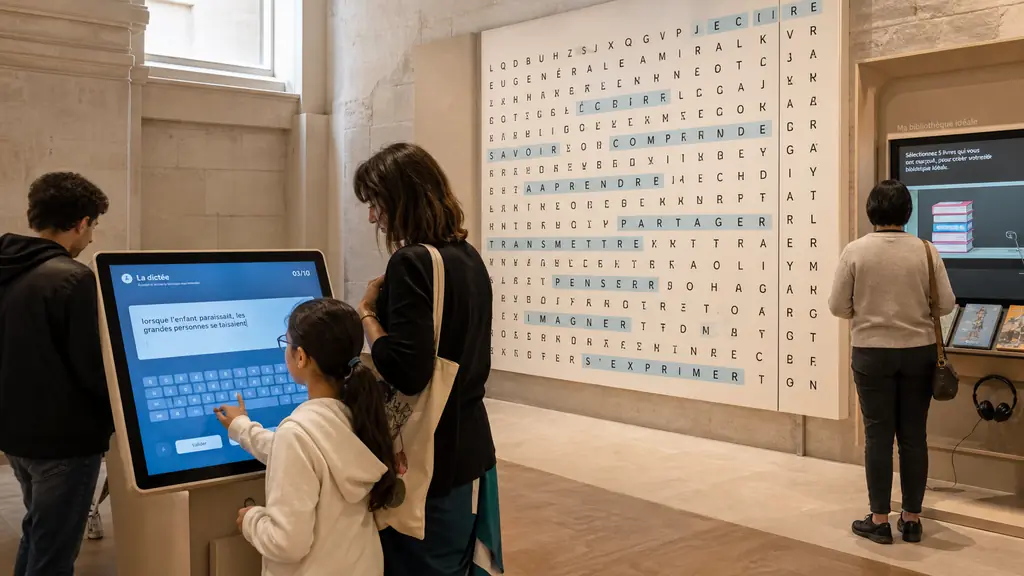 Visiteurs devant une dictée interactive, une immense grille de mots mêlés et un poste de lecture personnalisé au château