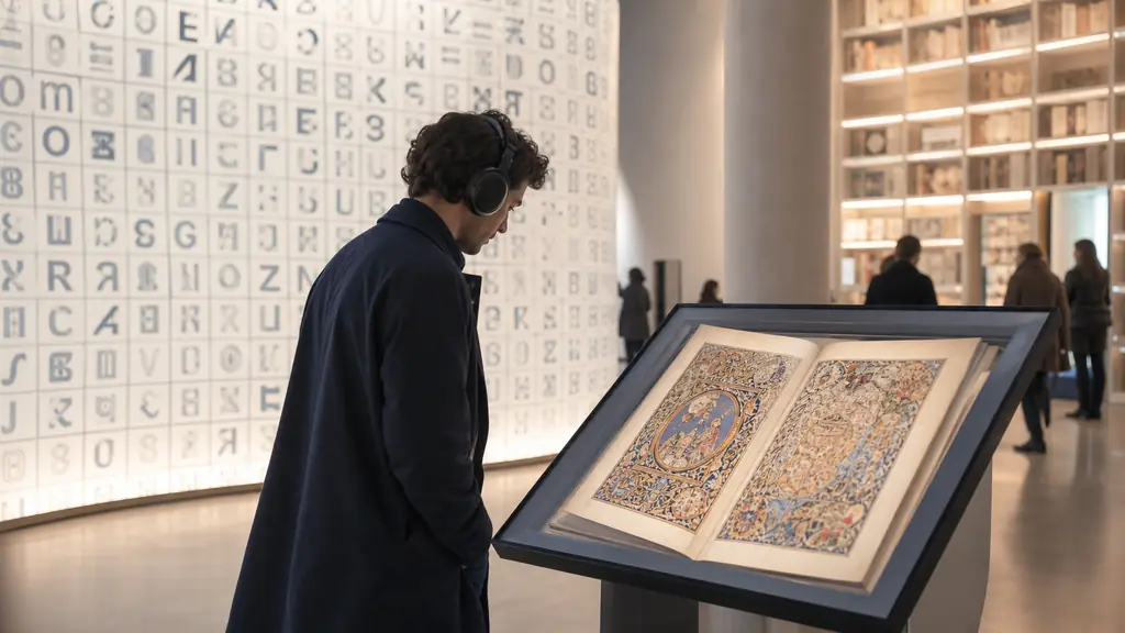 Visiteur casque sur les oreilles devant un manuscrit Renaissance interactif, grille de mots mêlés géante en arrière-plan