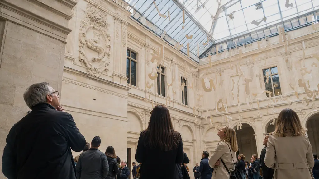 Visiteurs levant les yeux vers des mots suspendus sous la verrière du Jeu de Paume, sculptures Renaissance et salamandre