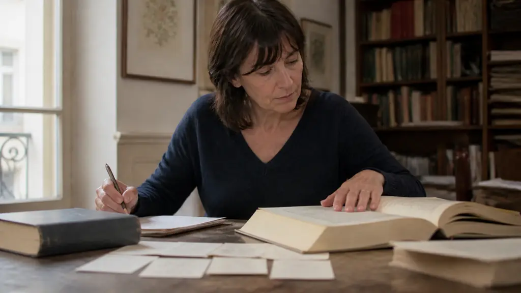 Lexicographe comparant un dictionnaire historique, un ouvrage de chimie et des fiches de mots manuscrites sur un bureau