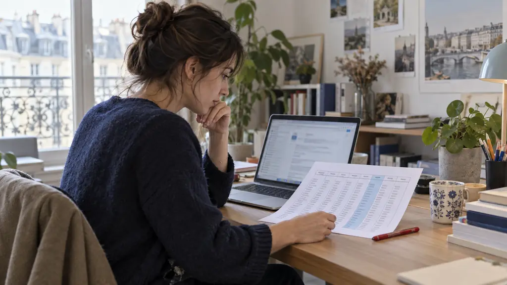 A French office worker checking a client email on a laptop while comparing a printed eight-column conjugation grid, with the future column marked in pale blue and a red pen beside the page, natural daylight, no readable text, no logo