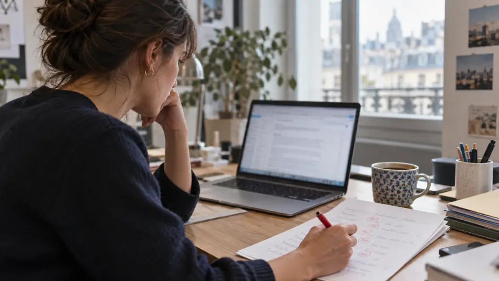 A French office worker proofreading an email beside a handwritten conjugation table, circling the circumflex accents in “fût” and “eût été” with a red pen, natural desk light, no readable text, no logo