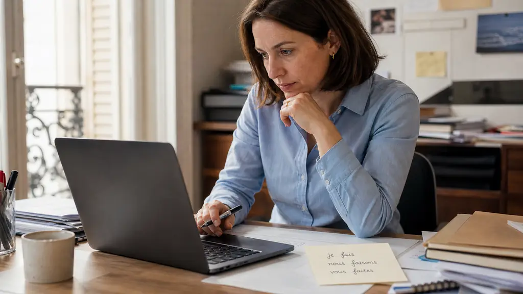 Employé relisant un e-mail sur ordinateur à côté d'une note manuscrite avec je fais, nous faisons et vous faites
