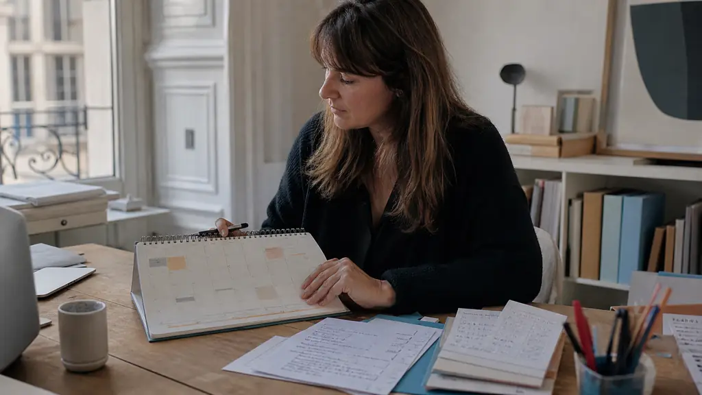 Employé consultant le calendrier du mois précédent, notes de réunion client et rapport hebdomadaire terminé