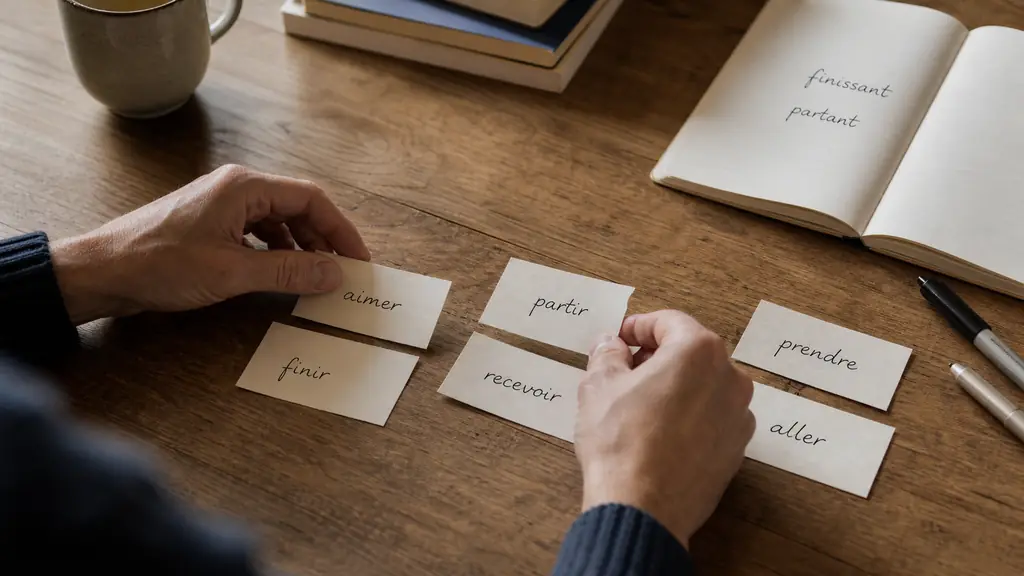 Apprenant triant des cartes manuscrites aimer, finir, partir, recevoir, prendre et aller en trois groupes, carnet ouvert