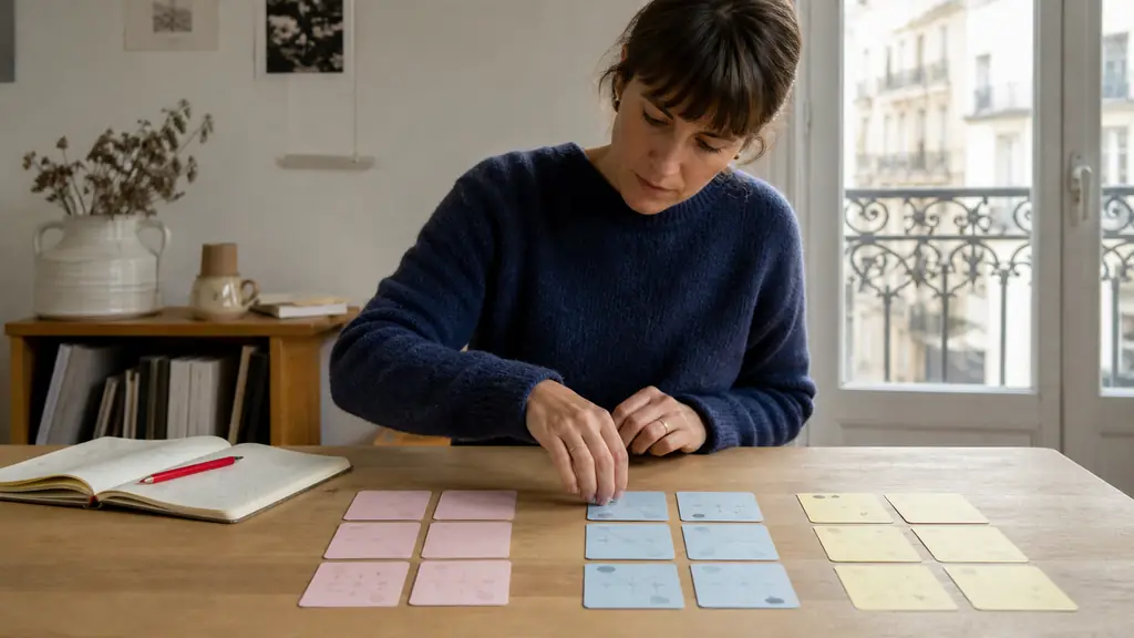 Apprenant triant trois jeux de six cartes codées par couleur, carnet ouvert et stylo rouge sur un bureau
