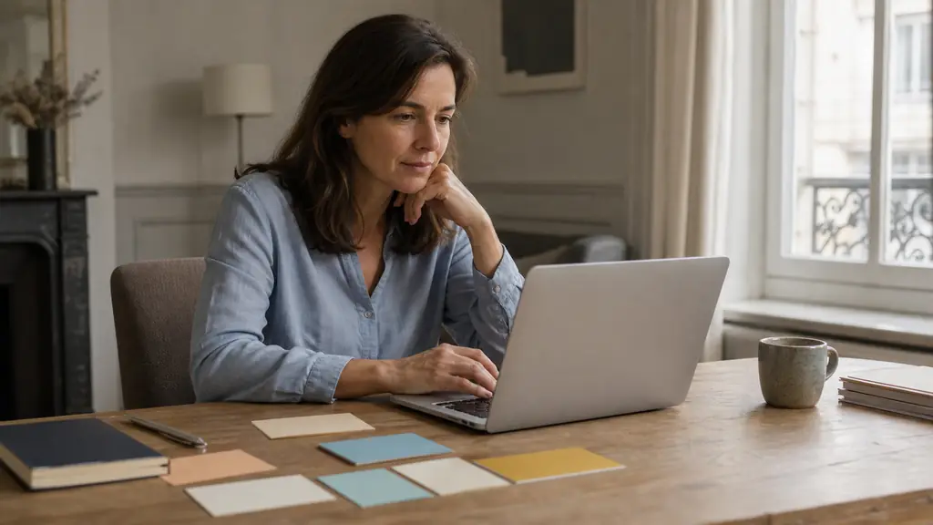 Adulte en reconversion travaillant son portfolio de rédaction sur ordinateur, fiches de planification et manuel de grammaire