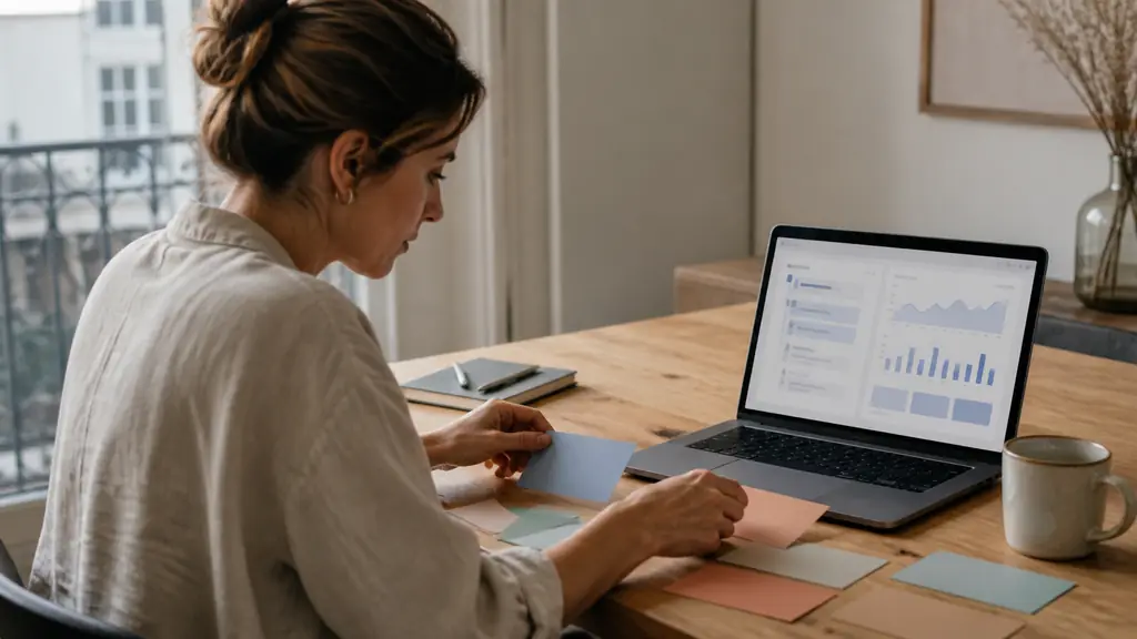 Rédacteur web disposant des fiches de mots-clés près d'un ordinateur affichant un graphique et une hiérarchie WordPress