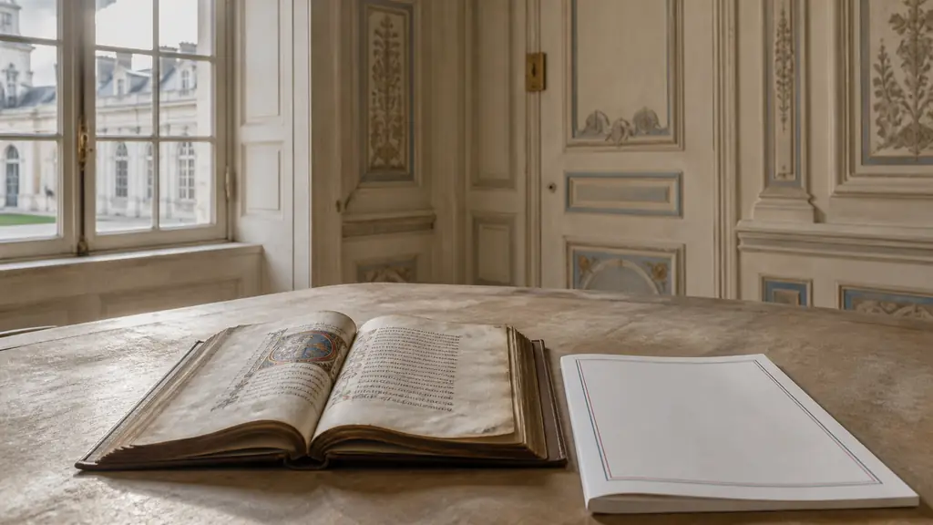 Manuscrit médiéval ouvert à côté d'une page imprimée de la Constitution, au château de Villers-Cotterêts, lumière de fenêtre