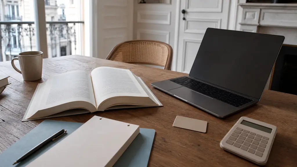 Bureau avec dictionnaire français ouvert, carte bancaire unie, calendrier de week-end et calculatrice près d'un ordinateur