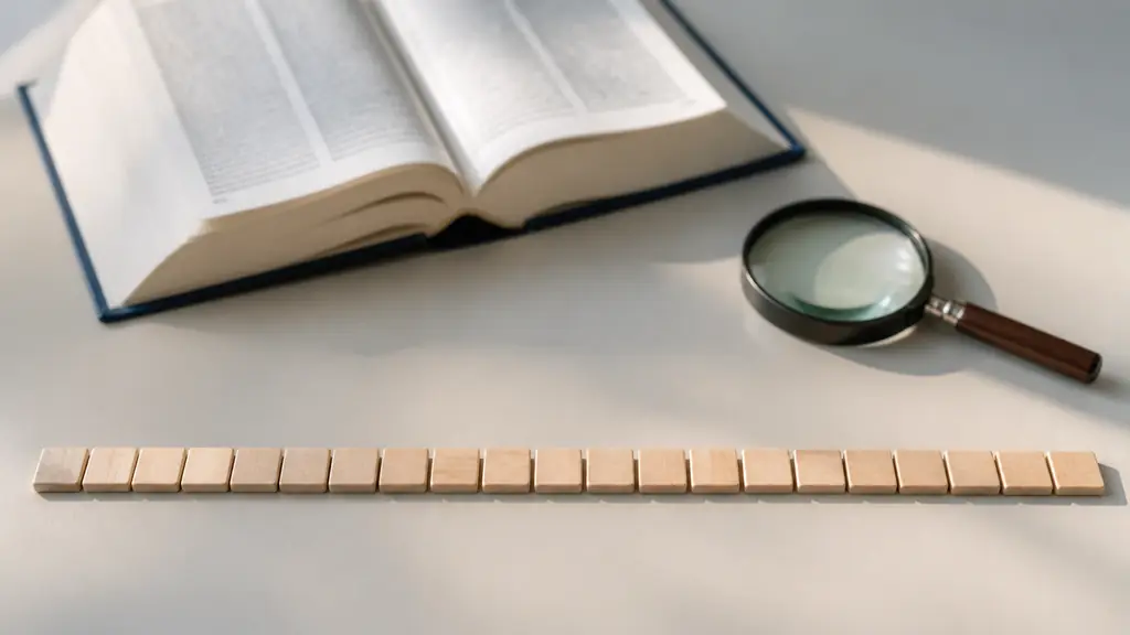 Dictionnaire français ouvert, loupe et vingt-cinq petites lettres en bois alignées sur un bureau neutre