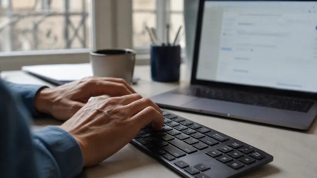 Mains utilisant les touches de modification d'un clavier AZERTY, ordinateur ouvert sur un brouillon d'e-mail flou