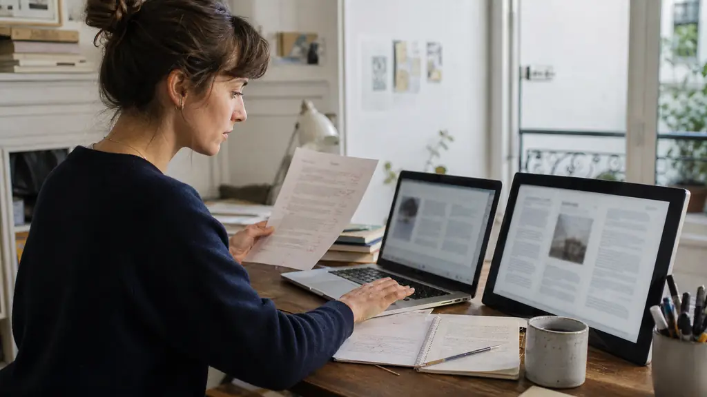 Rédactrice freelance comparant une fiche produit sur ordinateur, une maquette de newsletter et une épreuve annotée