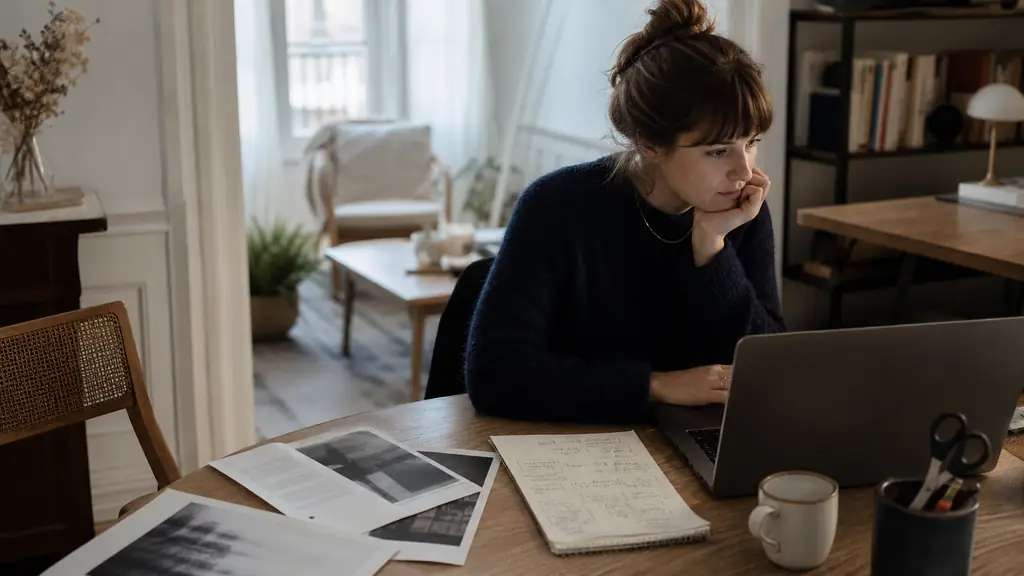 Aspirante rédactrice lisant un brief fictif sur ordinateur, trois textes imprimés et calendrier de newsletter manuscrit