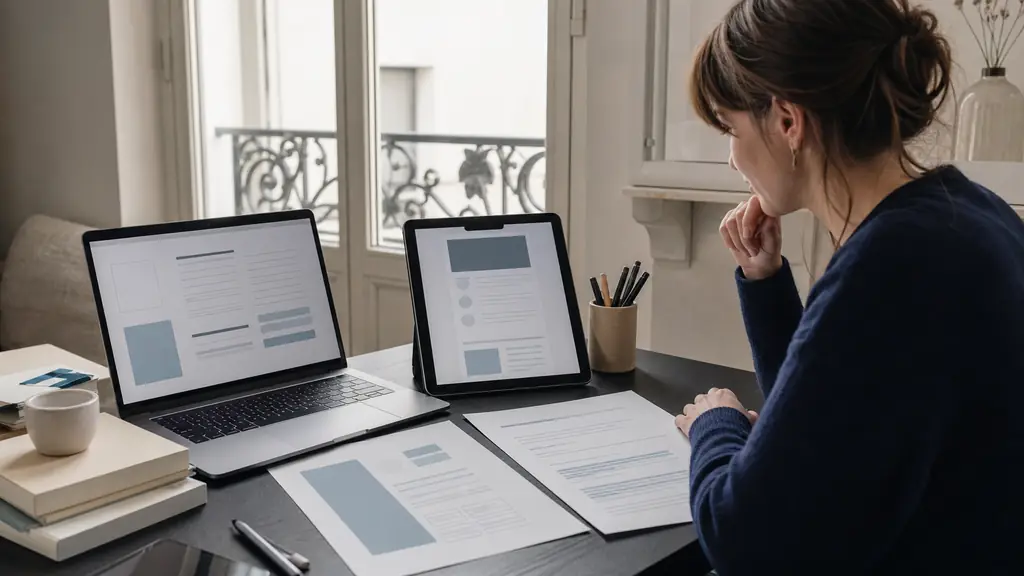 Rédacteur web examinant côte à côte une fiche produit, une maquette de newsletter et un script de podcast