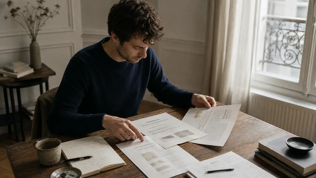 Aspirante rédactrice choisissant trois textes pour son portfolio, carnet de planification de niche et grille de tarifs