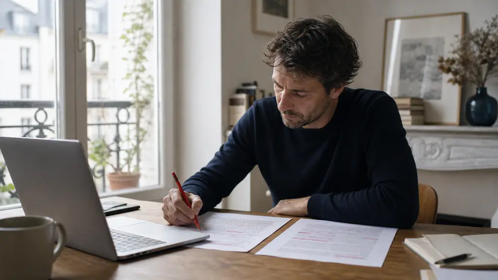 Rédactrice comparant deux brouillons imprimés près d'un ordinateur et surlignant des passages répétitifs au crayon rouge
