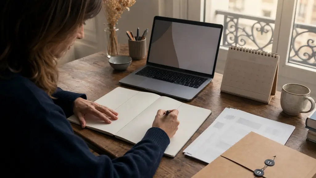 Rédactrice freelance organisant un carnet en trois colonnes, ordinateur, brief client, calendrier et dossier de factures