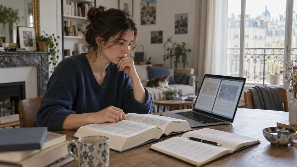 a woman at a desk comparing an open printed dictionary with two reference pages on a laptop, beside an email draft notebook, editorial photography, no visible text or logos