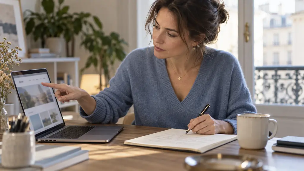 a woman pointing at a website navigation menu on a laptop while checking the word conséquent in a handwritten professional email, editorial photography, no visible text or logos