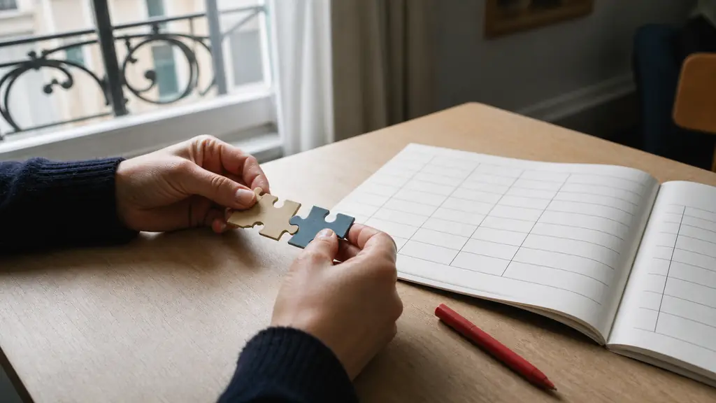 Mains emboîtant deux pièces de puzzle colorées à côté d'un stylo rouge et d'une grille de conjugaison vierge