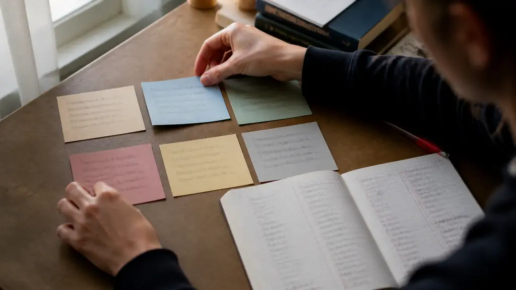 Mains triant six fiches de révision colorées à côté d'un carnet de conjugaison à quatre colonnes et d'un stylo rouge