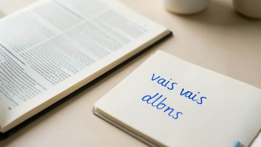 Editorial photograph of an open French dictionary beside a notebook, with the conjugated forms vais and allons handwritten in blue ink, soft desk lighting