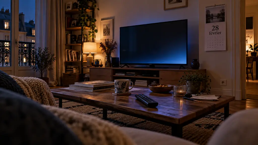 television screen going dark in a living room at midnight, remote control on a coffee table, wall calendar showing February 28