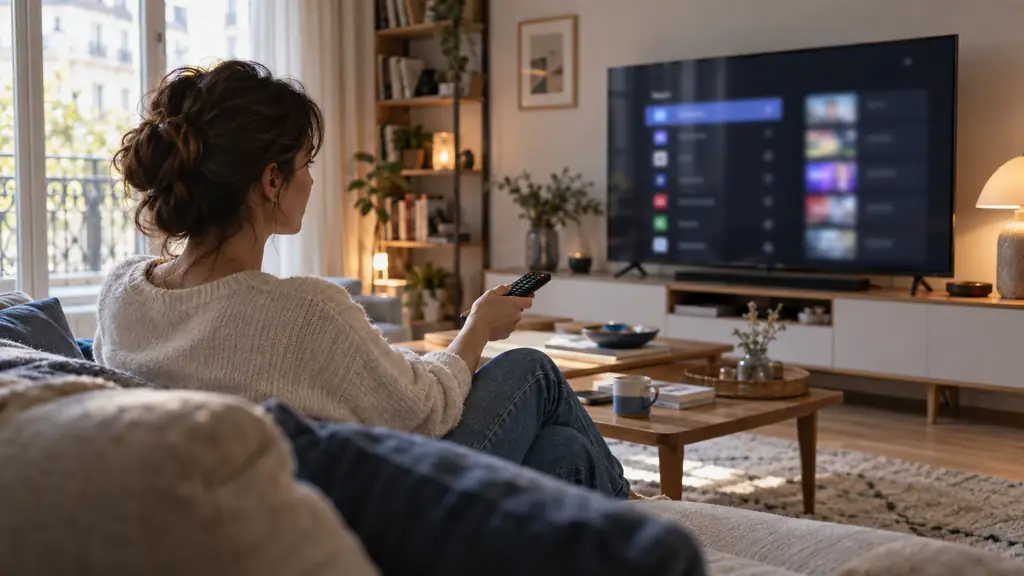 person updating digital television channels with a remote control, settings menu blurred on screen, modern living room