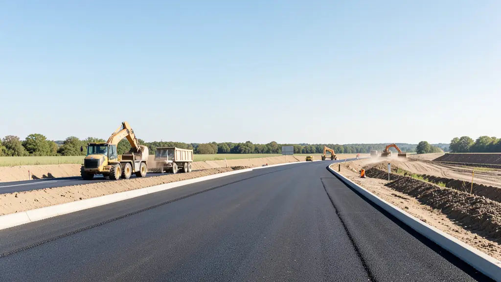 Chantier de construction de l'autoroute A69 avec engins de chantier et revêtement en asphalte neuf