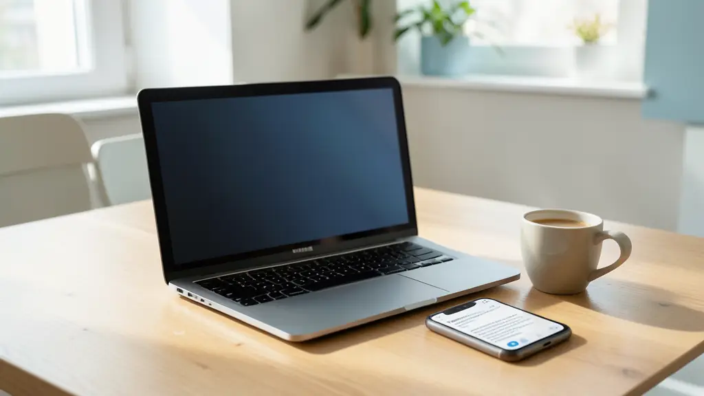 Ordinateur portable, smartphone et tasse de café sur un bureau en bois pour rédiger un message de fin de vacances
