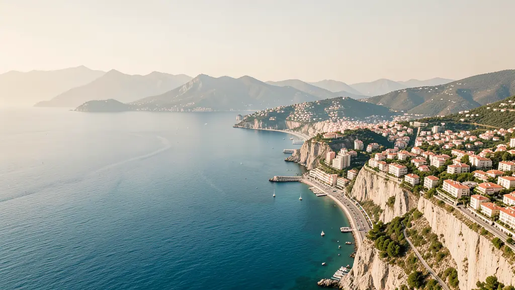 Vue aérienne du littoral de la Côte d'Azur avec les reliefs des Alpes en arrière-plan