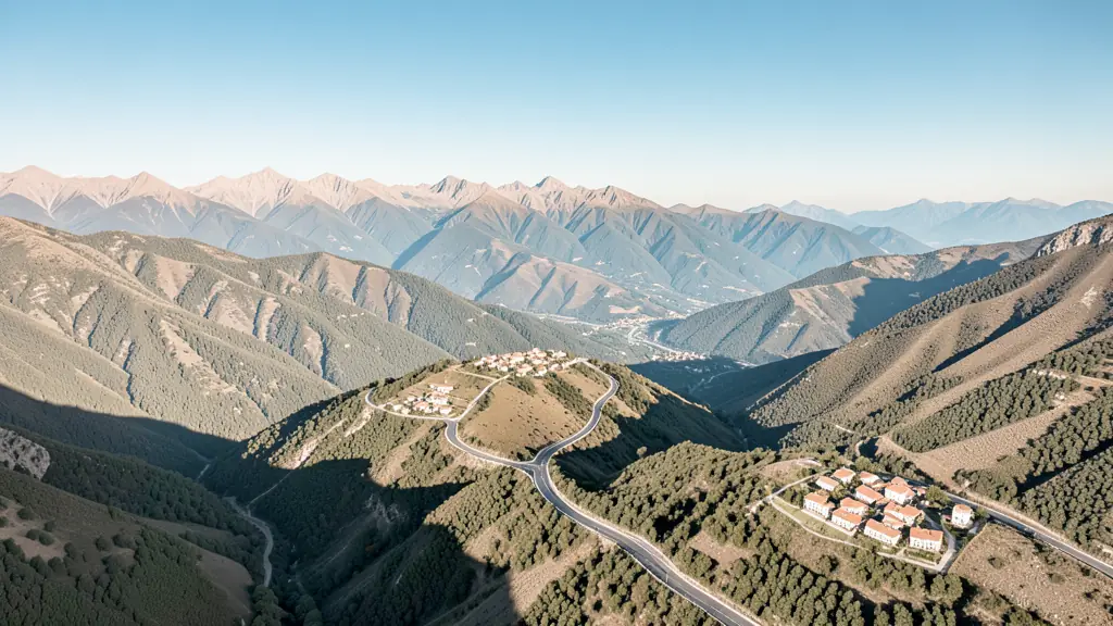 Vue aérienne d'une route sinueuse traversant les montagnes Apennines avec un petit village italien