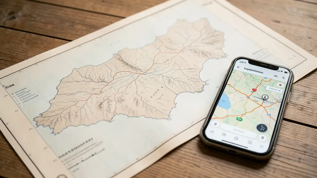 Carte topographique du Kirghizistan sur une table en bois à côté d'un smartphone avec itinéraire GPS