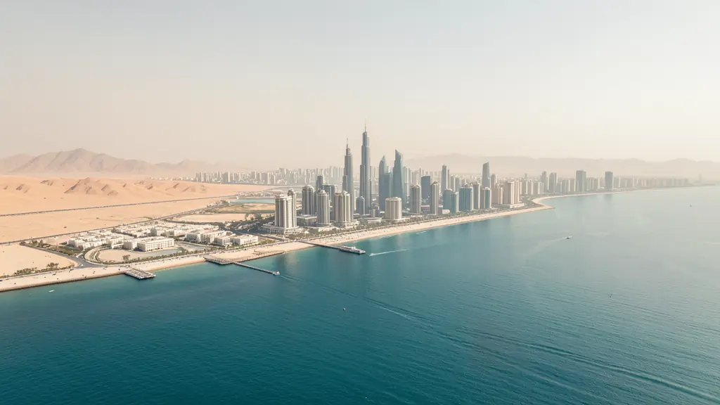Aerial editorial photograph of Dubai coastline beside the Persian Gulf, with the Arabian Peninsula desert and dense city skyline visible