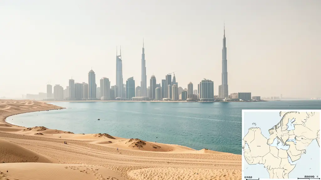 Editorial photograph of Dubai urban skyline on the Persian Gulf coast, with desert terrain and a regional map without labels nearby