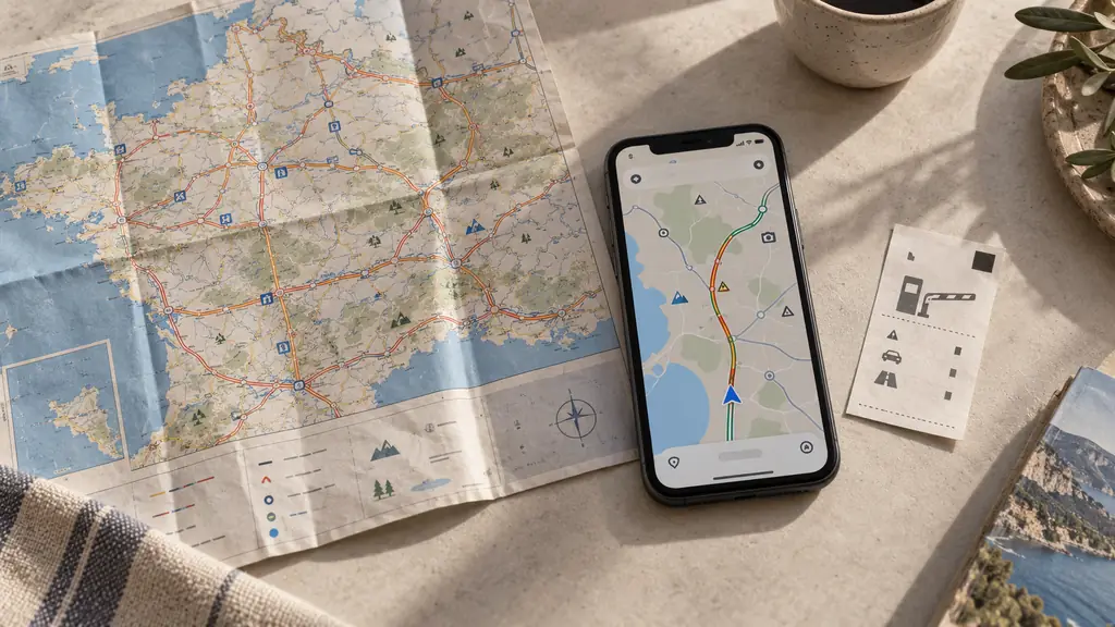 overhead editorial photograph of a folded French motorway map beside a smartphone showing colored live traffic lines and a toll ticket, no readable text or logos