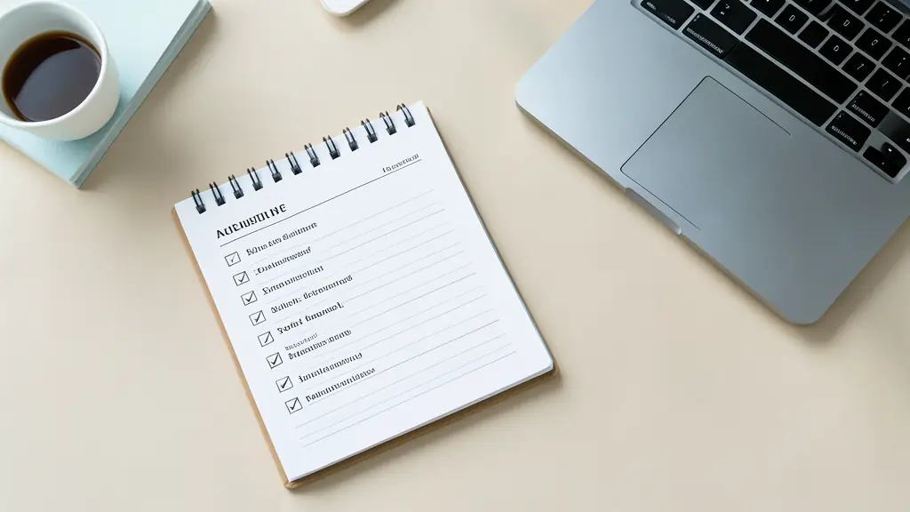 Bureau ordonné avec un carnet de notes, une liste de tâches, un ordinateur portable et un café pour une routine d'écriture