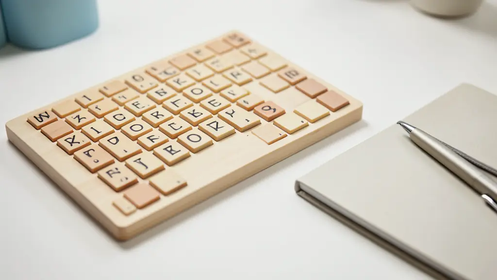 A close-up of a Scrabble board with wooden letters forming a word, next to a professional notebook and a pen on a white desk, editorial style