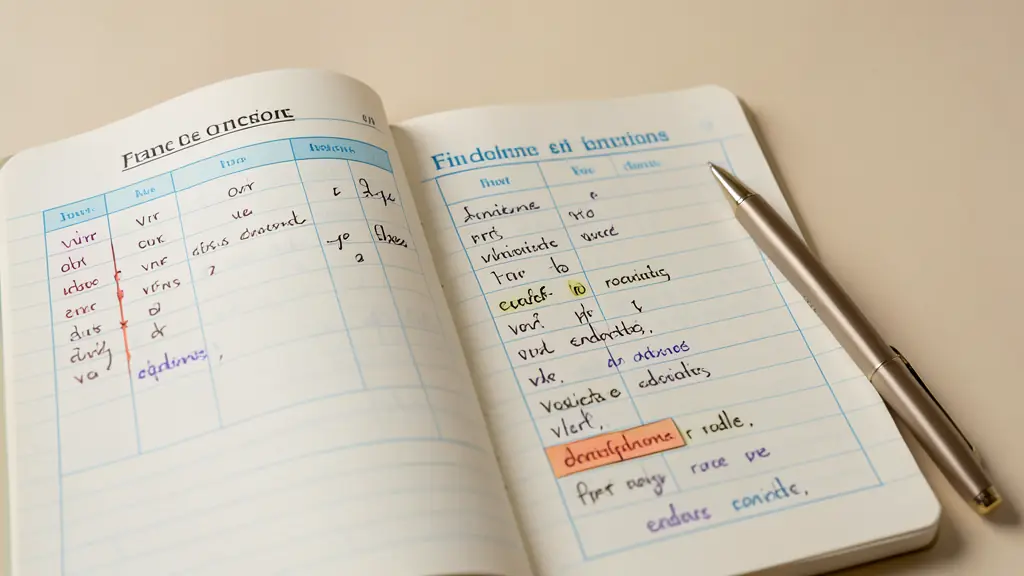 Editorial photograph of an open French conjugation notebook, a pen beside a handwritten verb table, and highlighted recurring endings