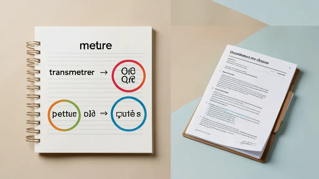 Editorial photograph of two notebook columns comparing mettre and transmettre, colored circles around double consonants, and a folder of transmitted documents
