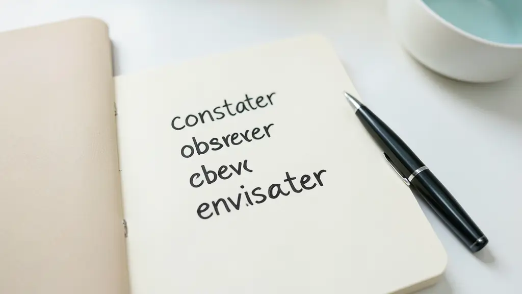 Carnet de notes et stylo avec une liste de verbes de substitution comme constater et observer