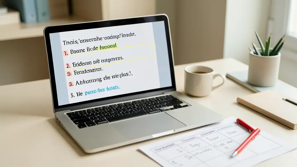 Editorial photograph of a laptop displaying five highlighted test sentences, a handwritten scoring grid with five criteria, and a red pen on a tidy desk