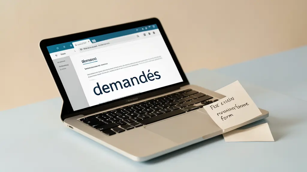 Editorial photograph of a professional email open on a laptop, the word demandés highlighted, and a paper note separating meaning from form
