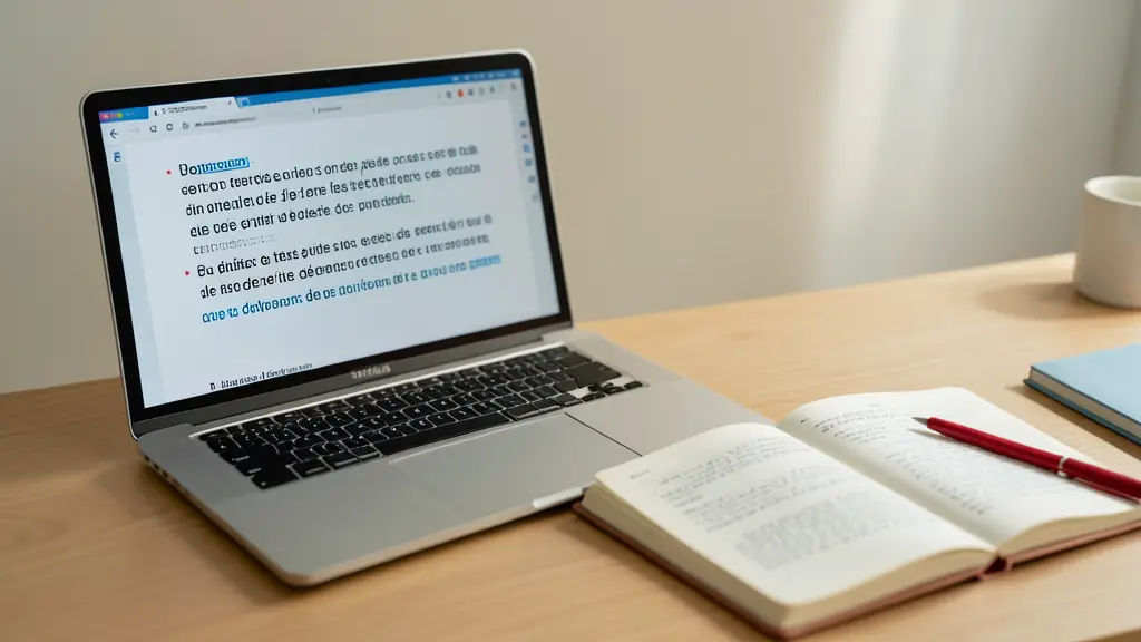 Editorial photograph of a laptop displaying highlighted French sentences, an open grammar notebook beside it, and a red pen on a wooden desk, no text, no logo