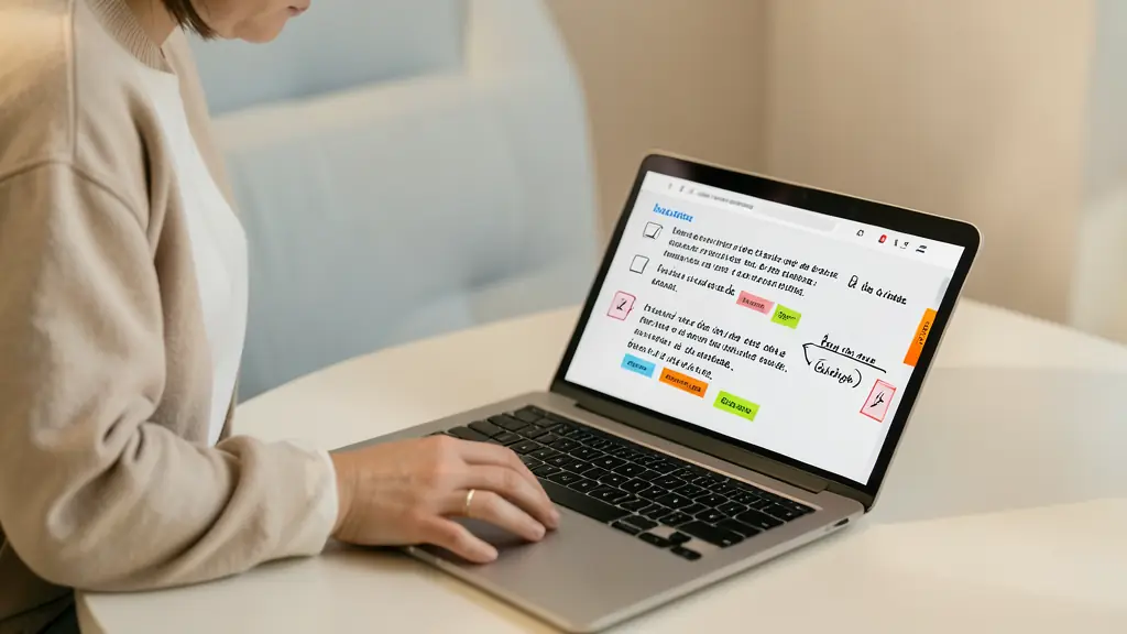 Editorial photograph of a person comparing two corrected versions of a French paragraph on a laptop, with handwritten error categories and colored annotation tabs, no text, no logo